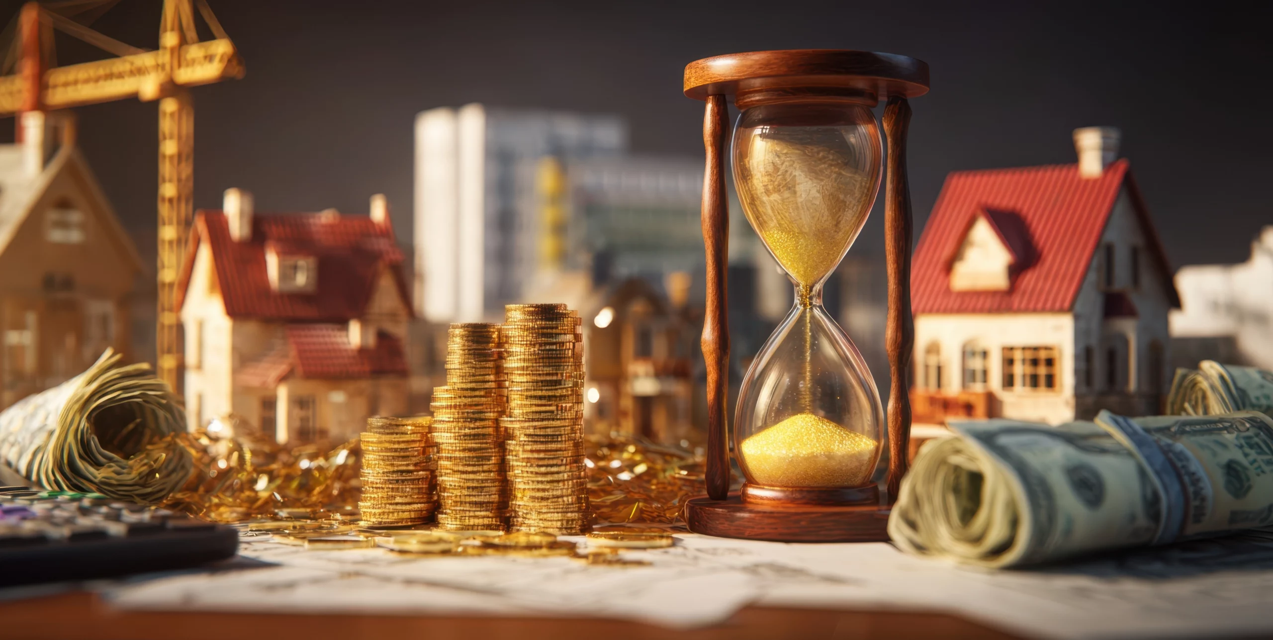 Symbolbild Steuerplanung Tisch mit Sanduhr, Münzen, Modelhäusern